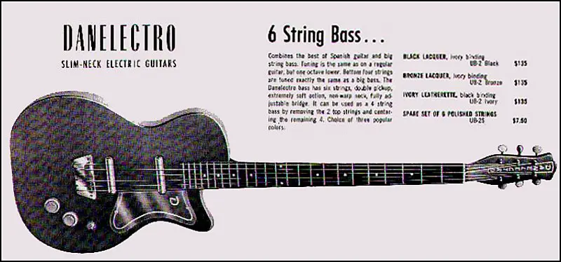 A 50s Advertisement for a Danelectro '6 String Bass', which was an early baritone guitar model.